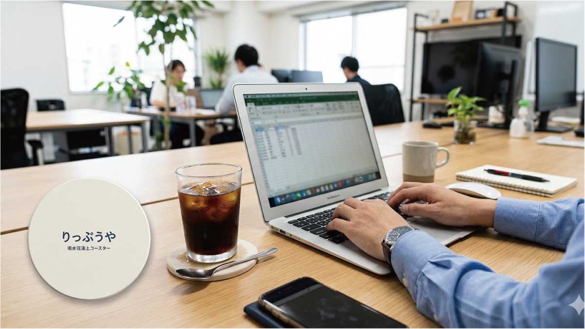 洗練されたオフィスのデスクでノートPCの横に置かれた、りっぷうやの薄型6mmオリジナル名入れ珪藻土コースターと結露したグラスの仕様イメージ